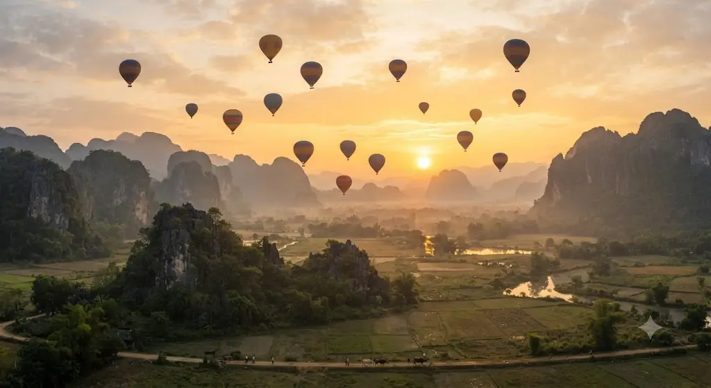 Hot-air balloons at sunrise over the Vang Vieng valley