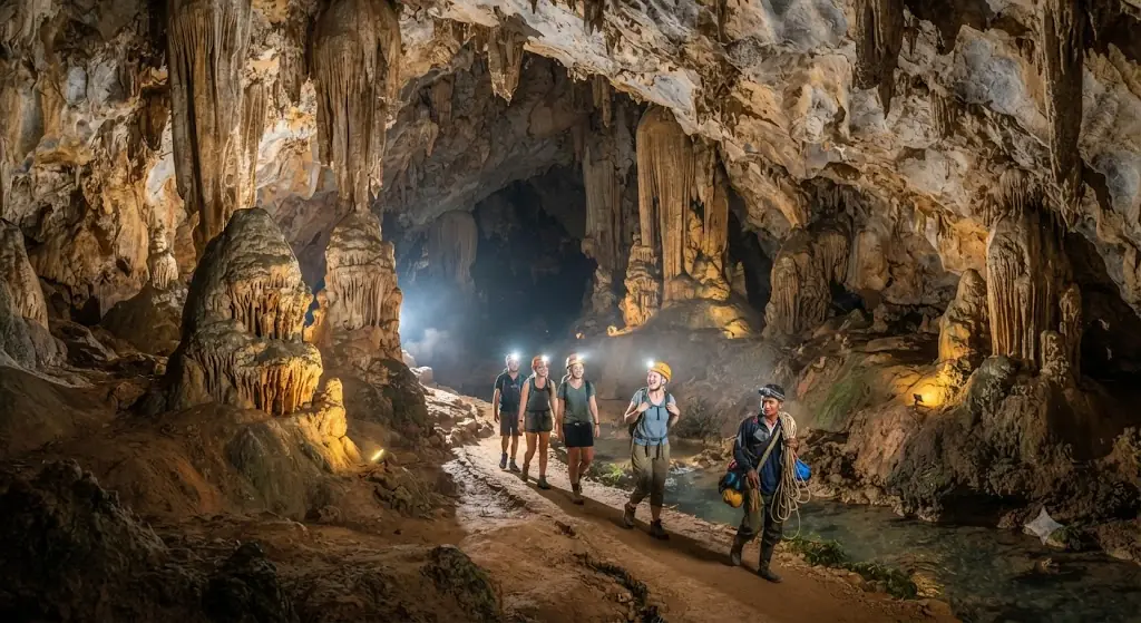Guided cave trek among stalactites near Vang Vieng, Laos