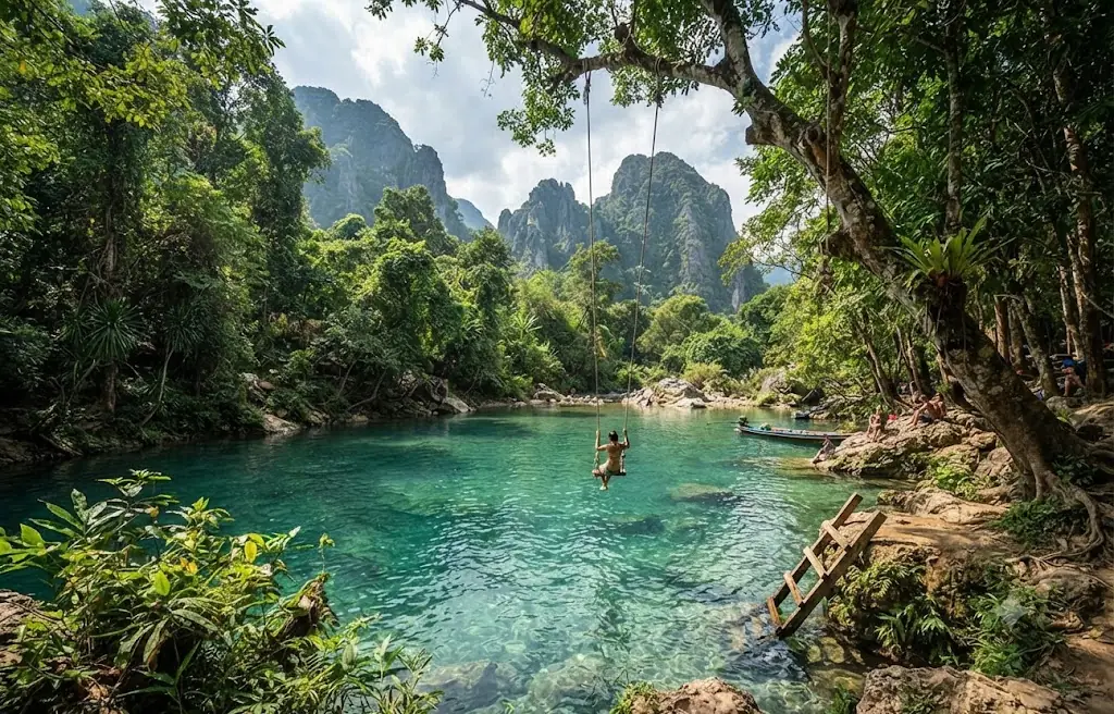 Turquoise Blue Lagoon with a rope swing in the hills near Vang Vieng