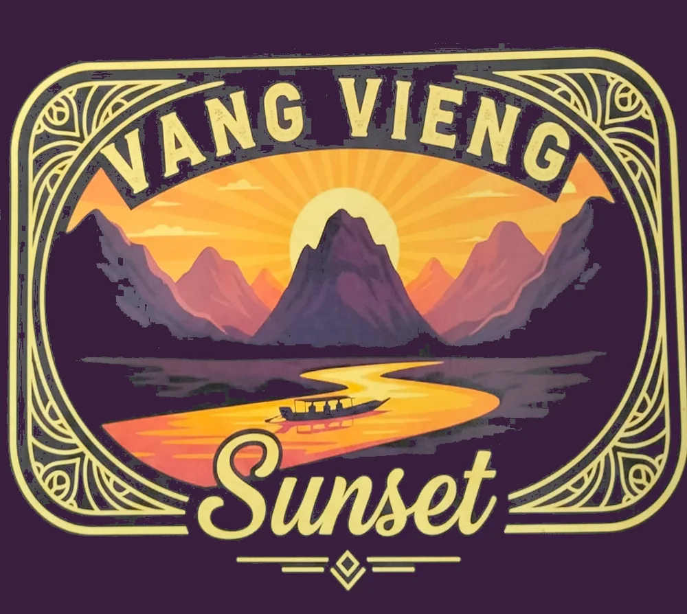 Vang Vieng Sunset Guesthouse & Restaurant logo — sunset over the karst mountains and the Nam Song