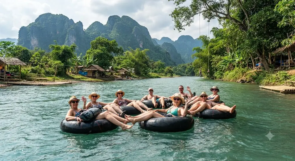 Travellers tubing down the Nam Song River past the karst mountains of Vang Vieng