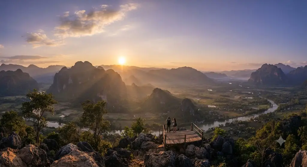 Couple on a mountaintop viewpoint watching the sunset over Vang Vieng